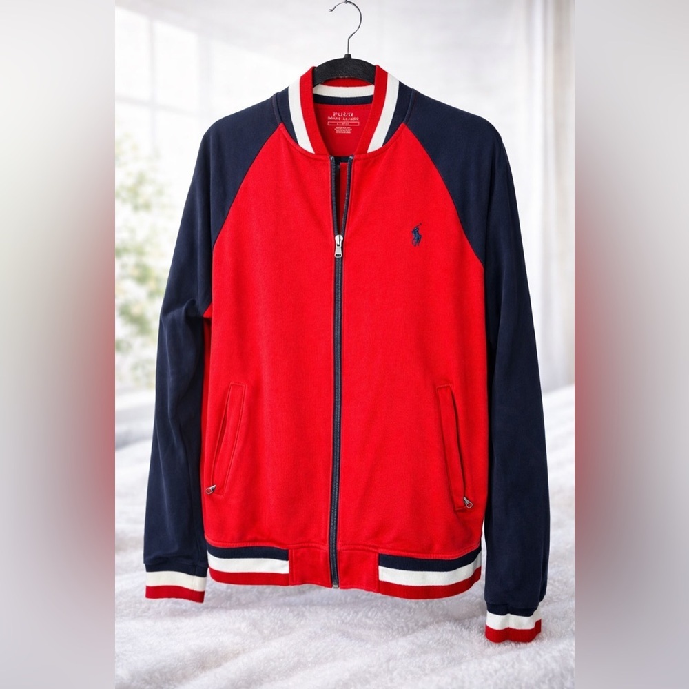 Polo Ralph Lauren Red & Navy Zip Up Sweater Jacket Men’s M | Excellent Condition
